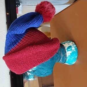 Beanie hat with POM Red blue Crochet knit loom handmade Winter Ski Snow cap